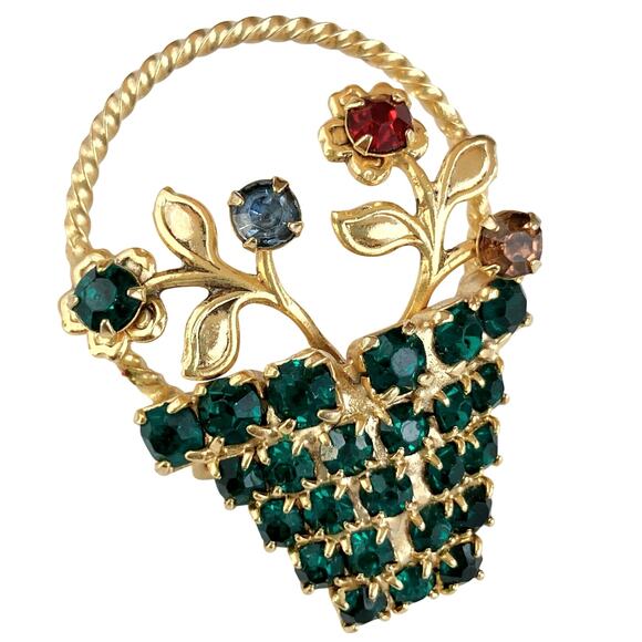 VTG Mid Century Brooch Rhinestone Flower Basket Gold Tone Multicolor Pin - Picture 1 of 9